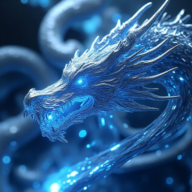 抽象的な龍を思わせる、精密な青い光の線と磨かれた金属面が融合したデザイン。信頼と精密を象徴。