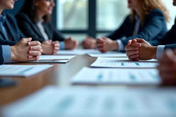 ビジネスマンが会議で手を組む画像