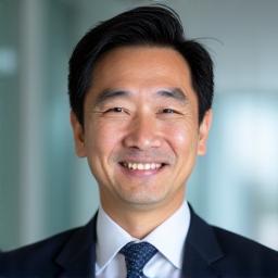 プロフェッショナルなポーズで優しく微笑んで立っている創業者の佐藤氏。清潔感のあるスーツ姿。