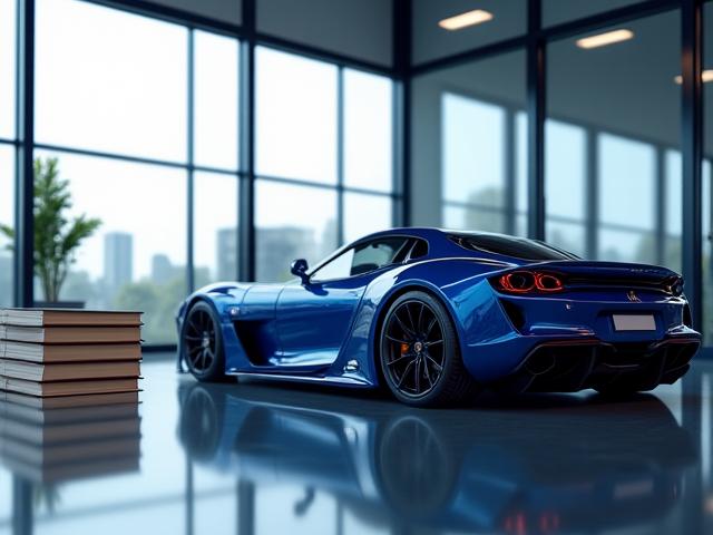 現代的で清潔なオフィスの窓から見える、丁寧に磨き上げられた高級車の反射。法務とカーケアの融合を象徴するイメージ。